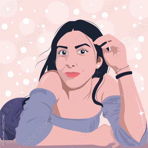 Beautiful illustration of a girl posing for a selfie with a pink background