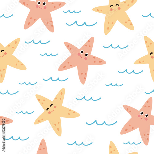 Marine seamless pattern with cute starfish. Undersea childish background. Vector illustration.