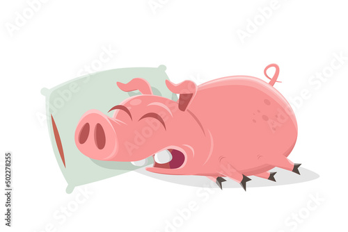 funny illustration of a cartoon pig sleeping on a pillow