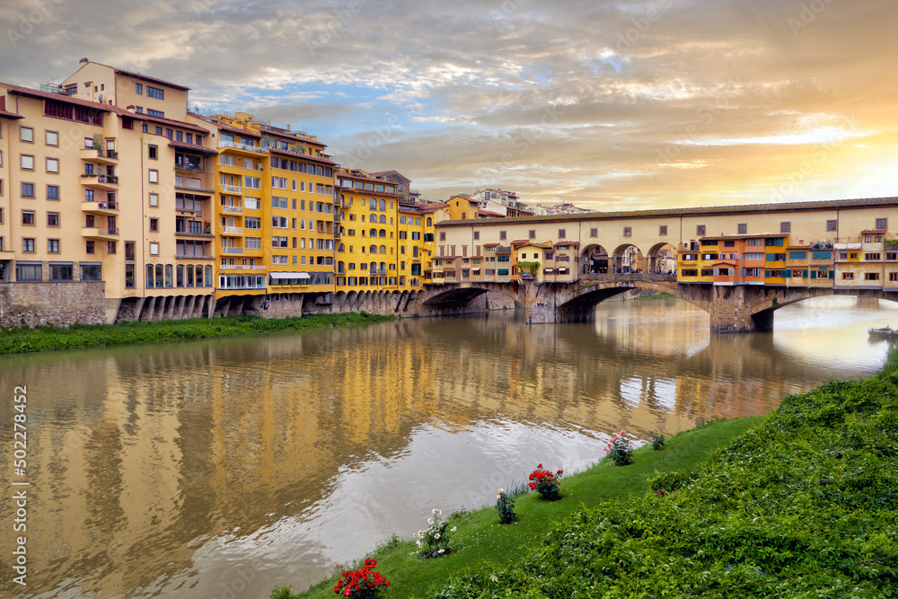 Beautiful view on the  Ponte Vecchio Bridge in Florence at sunset