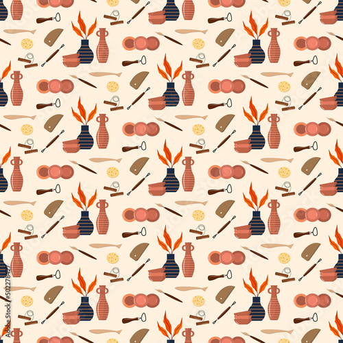 Pattern with pottery tools. Clay products - vases, jugs, plates and salad bowls. Vector illustration. For use in packaging, covers and flyers, prints, craft stores, postcards and invitations.