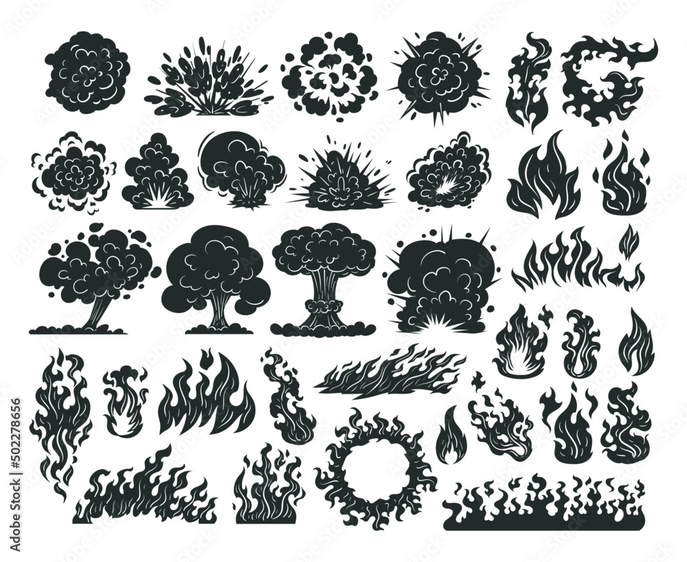 Cartoon flames silhouettes, burning flame, sketched wildfire elements