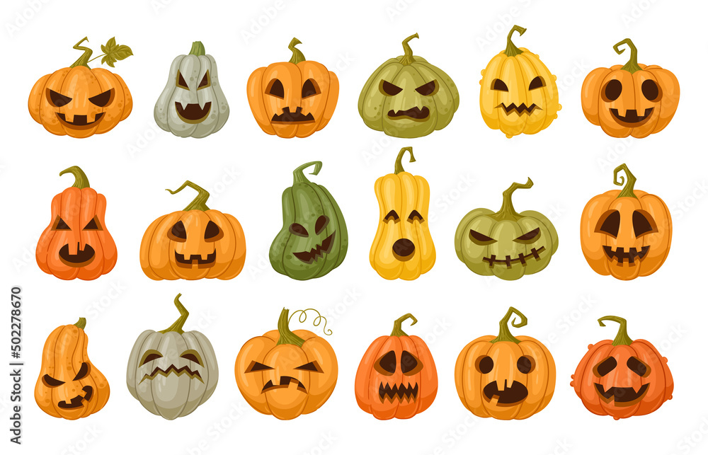 Cartoon carved halloween pumpkin faces, scary pumpkins characters. Halloween holiday spooky ghost faces, jack-o-lanterns vector symbols illustrations set. Spooky autumn pumpkins Cartoon carved halloween pumpkin faces, scary pumpkins characters. Halloween holiday spooky ghost faces, jack-o-lanterns vector symbols illustrations set. Spooky autumn pumpkins