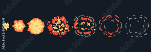 Explosion animation, fire explosive effects, cartoon bomb blast. Game bomb explosion comic animation vector symbols illustrations set. Cartoon explosive effect