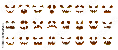 Halloween spooky pumpkin faces collection, ghost eyes and mouths, evil face. Scary pumpkin characters muzzle vector symbols illustrations set. Horror halloween jack-o-lantern faces