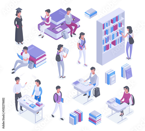 Isometric high school, college studying, teenage students characters. Pupils at school library and study classroom lesson vector illustrations set. University educational 3d collection
