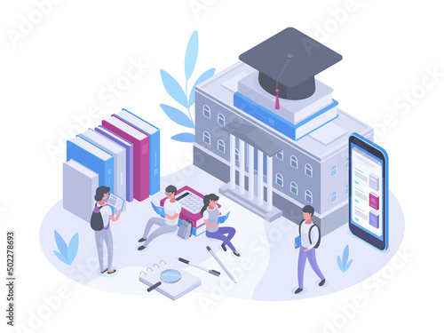 Isometric college campus and students characters, learning, education concept. University building and teenage students vector symbols illustration. College education study process