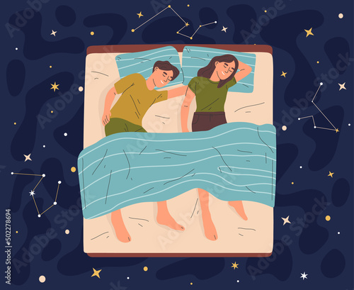 Sleeping characters in bed, lying asleep couple in night sky. Young family or couple night time resting vector illustration. Healthy sleep concept