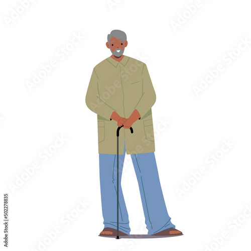 Elderly Indian Man with Walking Cane wear Green Long Robe and Blue Pants. Old Male Character Wear Traditional Clothes
