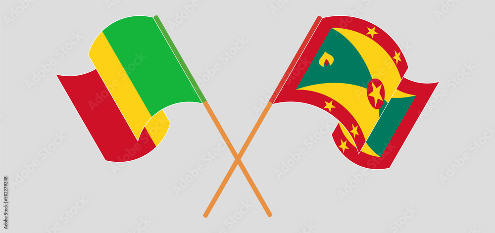 Crossed and waving flags of Mali and Grenada Crossed and waving flags of Mali and Grenada