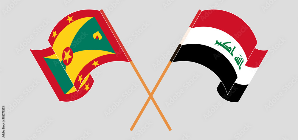 Crossed and waving flags of Grenada and Iraq Crossed and waving flags of Grenada and Iraq