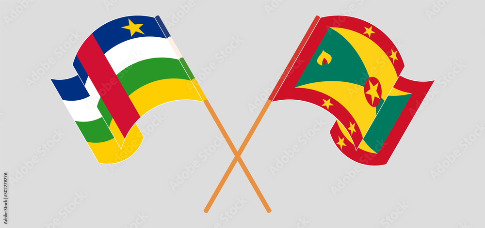 Crossed and waving flags of Central African Republic and Grenada Crossed and waving flags of Central African Republic and Grenada