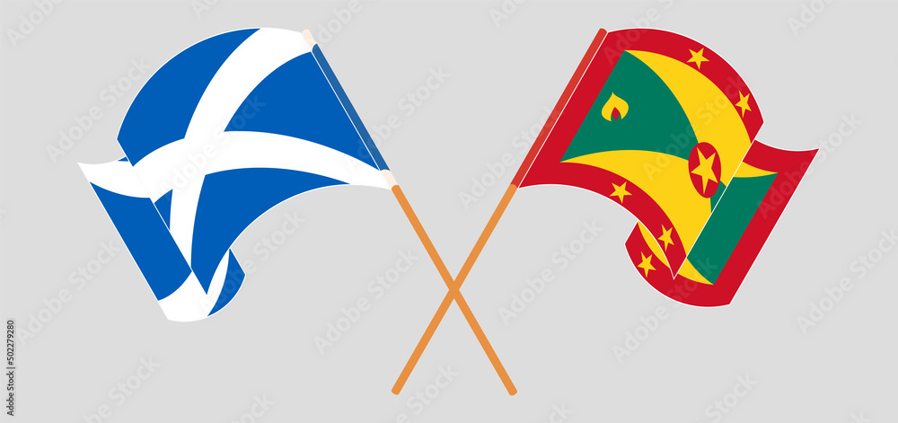 Crossed and waving flags of Scotland and Grenada Crossed and waving flags of Scotland and Grenada