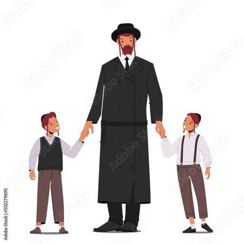 Traditional Jewish Family, Orthodox Jew Father with Sons Characters. Human Generations, Relations, Bonding