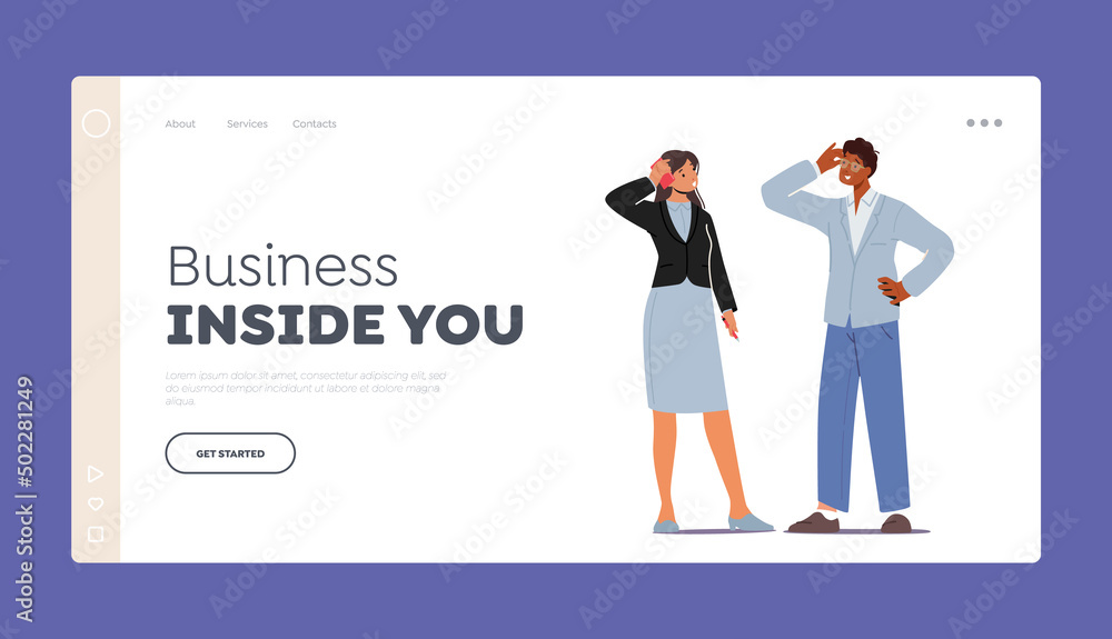 Obraz premium Business People Communicate Landing Page Template. Characters Ask, Searching Solution, Businesspeople Conversation
