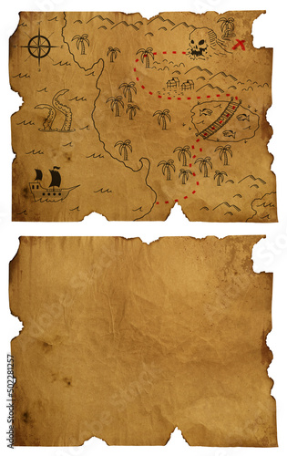 Antique vintage pirate treasure map on a ruined old Parchment, Texture, isolated, close up