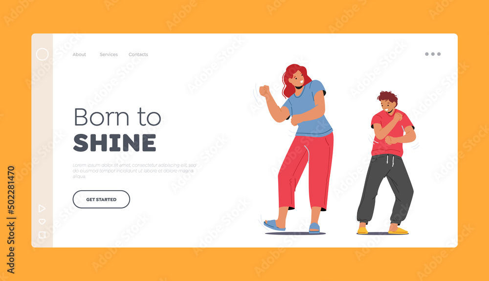 People Leisure, Rejoice Landing Page Template. Happy Family Mother with Teen Son Dancing at Home Party