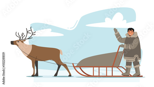 Eskimo Male Character Riding Reindeer Sleigh with Happy Face. Life in Far North Concept, Inuit in Traditional Clothes