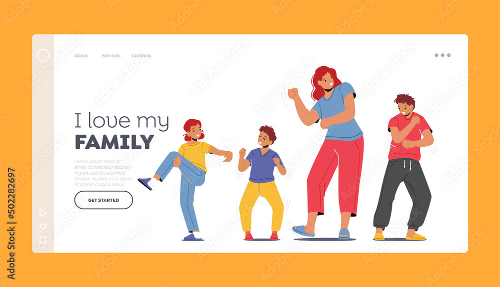 Happy Family Celebrate Home Party Concept Landing Page Template. Woman with Children Dance. Mom with Kids Leisure