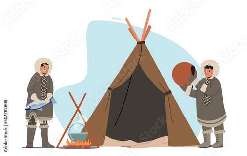 Eskimo Characters on Alaska, Chukchi Northern Pole Indigenous Minorities People Lifestyle. Shaman with Tambourine