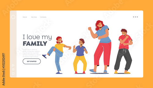 Happy Family Celebrate Home Party Concept Landing Page Template. Woman with Children Dance. Mom with Kids Leisure