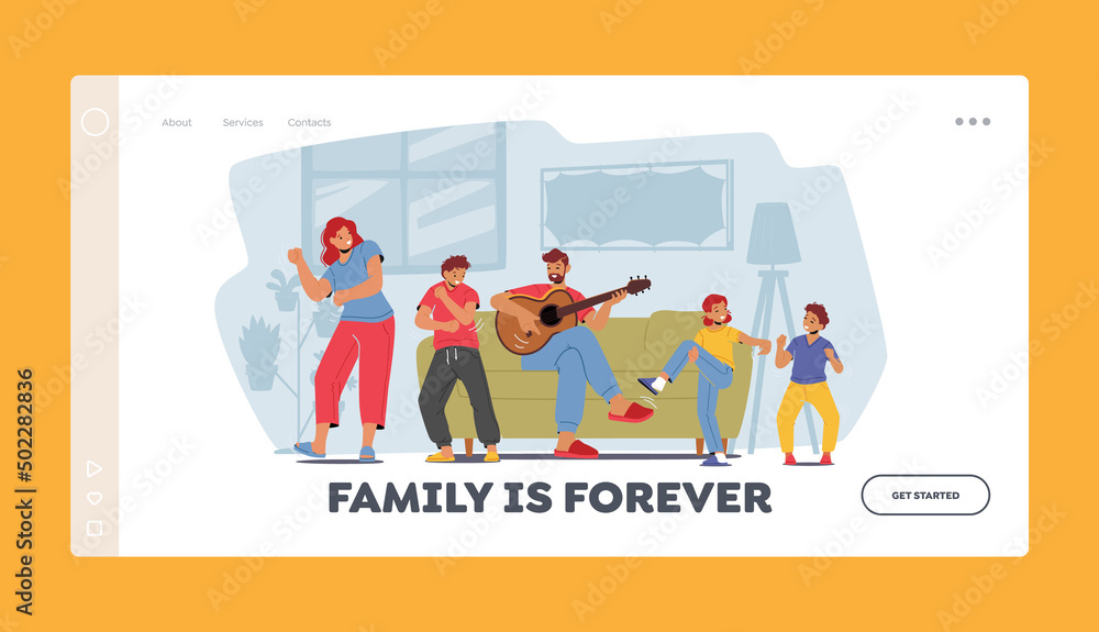 Family Rejoice, Home Party Landing Page Template. Parents and Kids Characters Dance, Father Playing Guitar