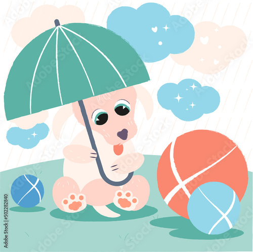 Children's illustration. An image of a dog under an umbrella and three balls on a rainy day. Vector illustration.