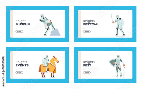 Medieval Knights Landing Page Template Set Ancient Soldier Pull Saber from Stone, Ride Horse, Historical Character