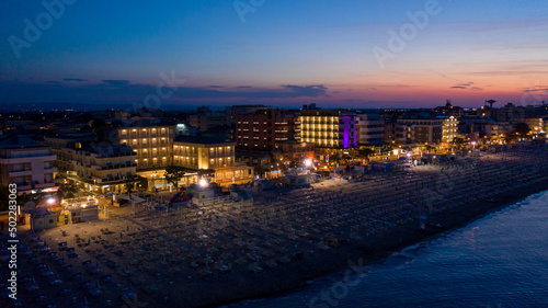 Aerial panoramic view of Bellaria beach and city hotel zone in Italy. Adriatic coast landscape of Italy hotels with beach