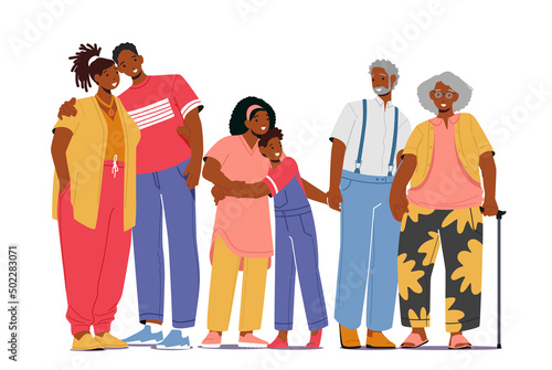 Big Happy African Family Characters Father, Mother, Grandparents and Children Hug, Hold Hands. Loving Parents and Kids