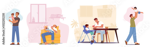 Set Single Father Engaged in Raising Child. Dad Feed Son, Playing with Toddler, Tired Dad Sleep. Happy Family Sparetime