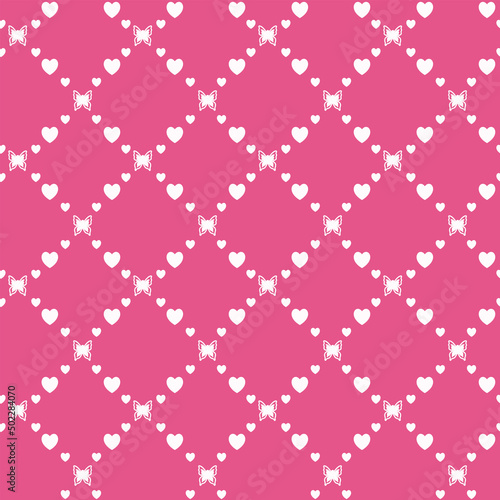 Netting abstract seamless pattern with butterflys and hearts. Cute grid Y2K background. Nostalgic 2000s vector print. Retro girly lattice backdrop 1990s style