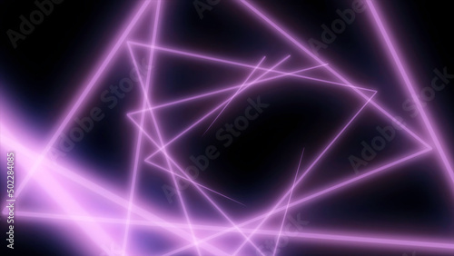 Abstract neon polygons in black space. Lasers lines moving in a circle