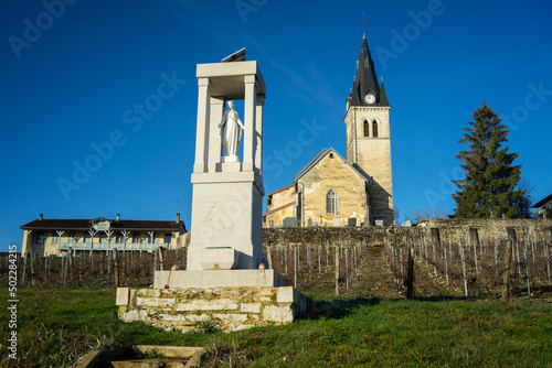 The Saint Didier church, the statue of the virgin mary and the old town hall and school (mairie, école ) in Rignat, department of Ain, France. photo