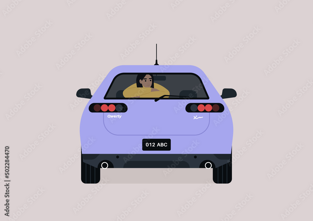 A young female passenger seating on the backseat of a sedan car A young female passenger seating on the backseat of a sedan car