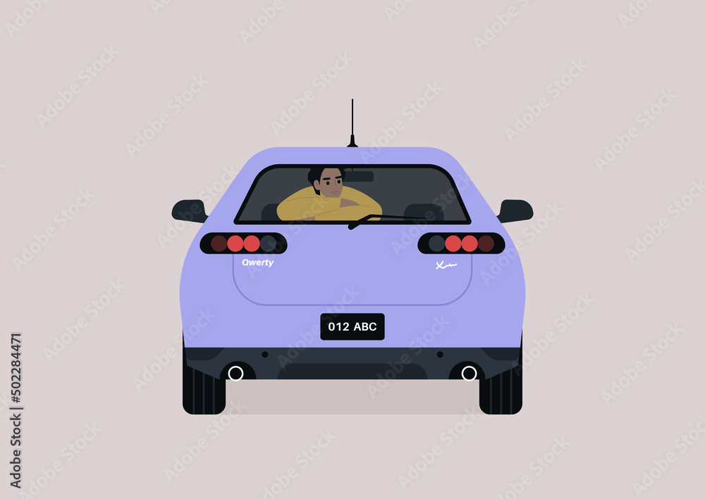 A young male passenger seating on the backseat of a sedan car A young male passenger seating on the backseat of a sedan car