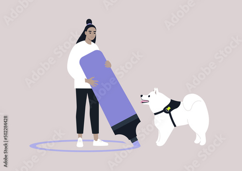 Obedience training, a young female Asian owner teaching a dog to respect their personal space