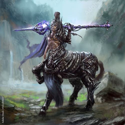 A centaur warrior in steel armor holds a magical pike in his hand, he is missing one eye, behind him is a waterfall. Digital drawing style, 2D Illustration photo