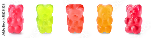 Set of tasty jelly bears on white background