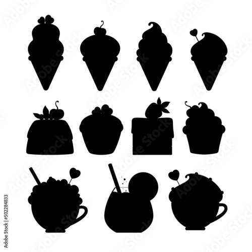 Set of vector silhouettes of stylized sweet food and drinks. Ice cream, cake, coffee cup and lemonade