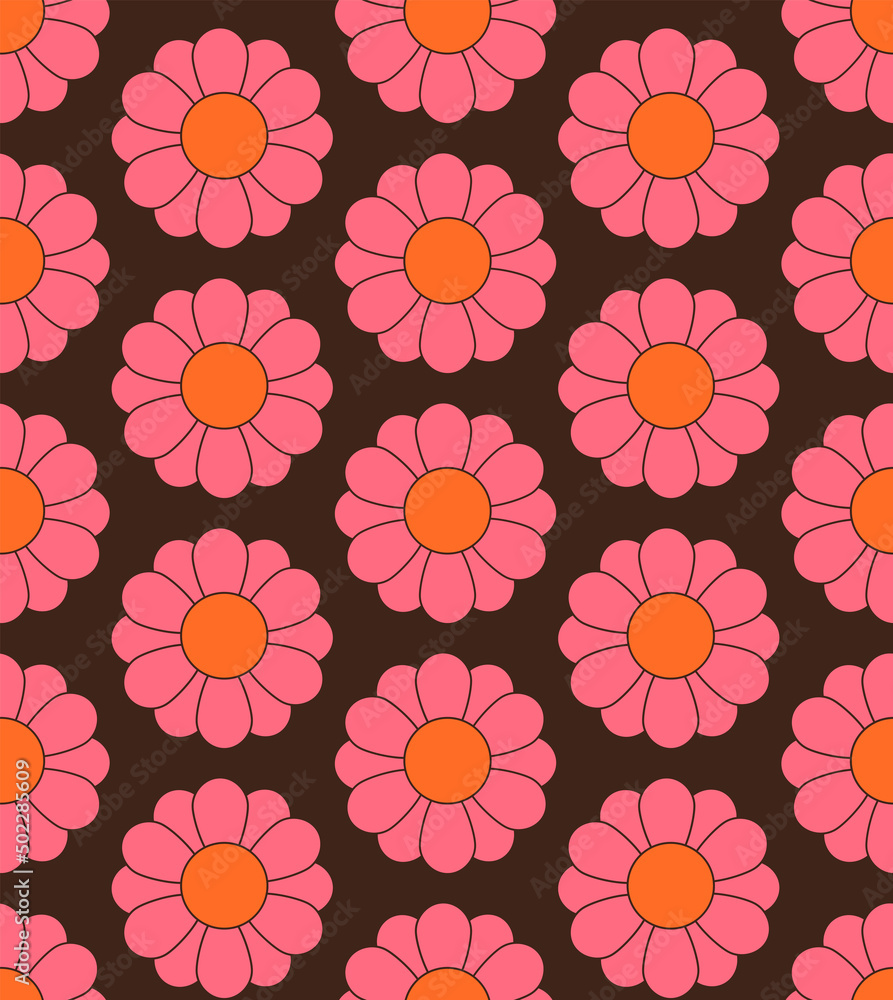 Cute cartoon groovy seamless pattern. 70s retro nostalgic textile design. Vintage geometric flowers 60s hippie style background. Floral checkerboard grid funny print. Cute cartoon groovy seamless pattern. 70s retro nostalgic textile design. Vintage geometric flowers 60s hippie style background. Floral checkerboard grid funny print.
