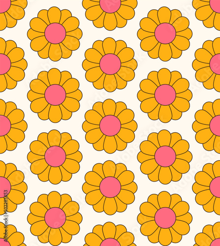Cute cartoon groovy seamless pattern. 70s retro nostalgic textile design. Vintage geometric flowers 60s hippie style background. Floral checkerboard grid funny print.