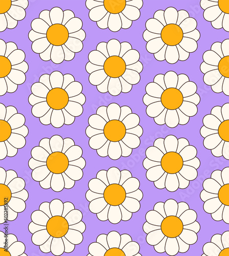 Cute cartoon groovy seamless pattern. 70s retro nostalgic textile design. Vintage geometric flowers 60s hippie style background. Floral checkerboard grid funny print.