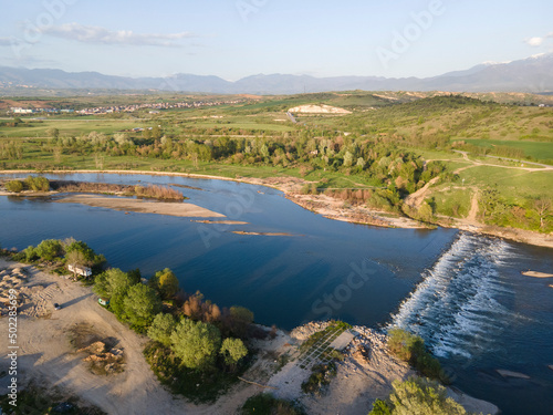 Aerial Sunset view of Struma river passing, Bulgaria