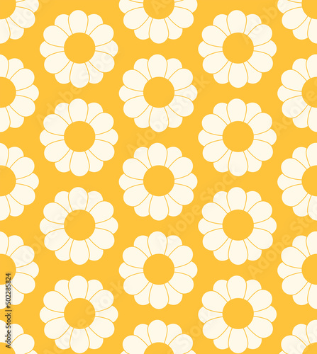 Cute cartoon groovy seamless pattern. 70s retro nostalgic textile design. Vintage geometric flowers 60s hippie style background. Floral checkerboard grid funny print.