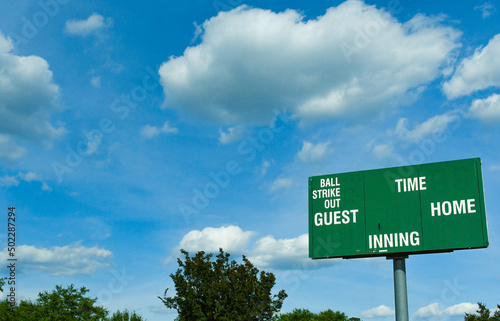 Blank softball - baseball scoreboard with blue sky and clouds in background