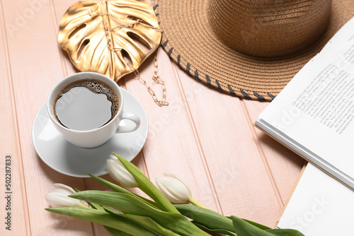 Opened books, beautiful flo...