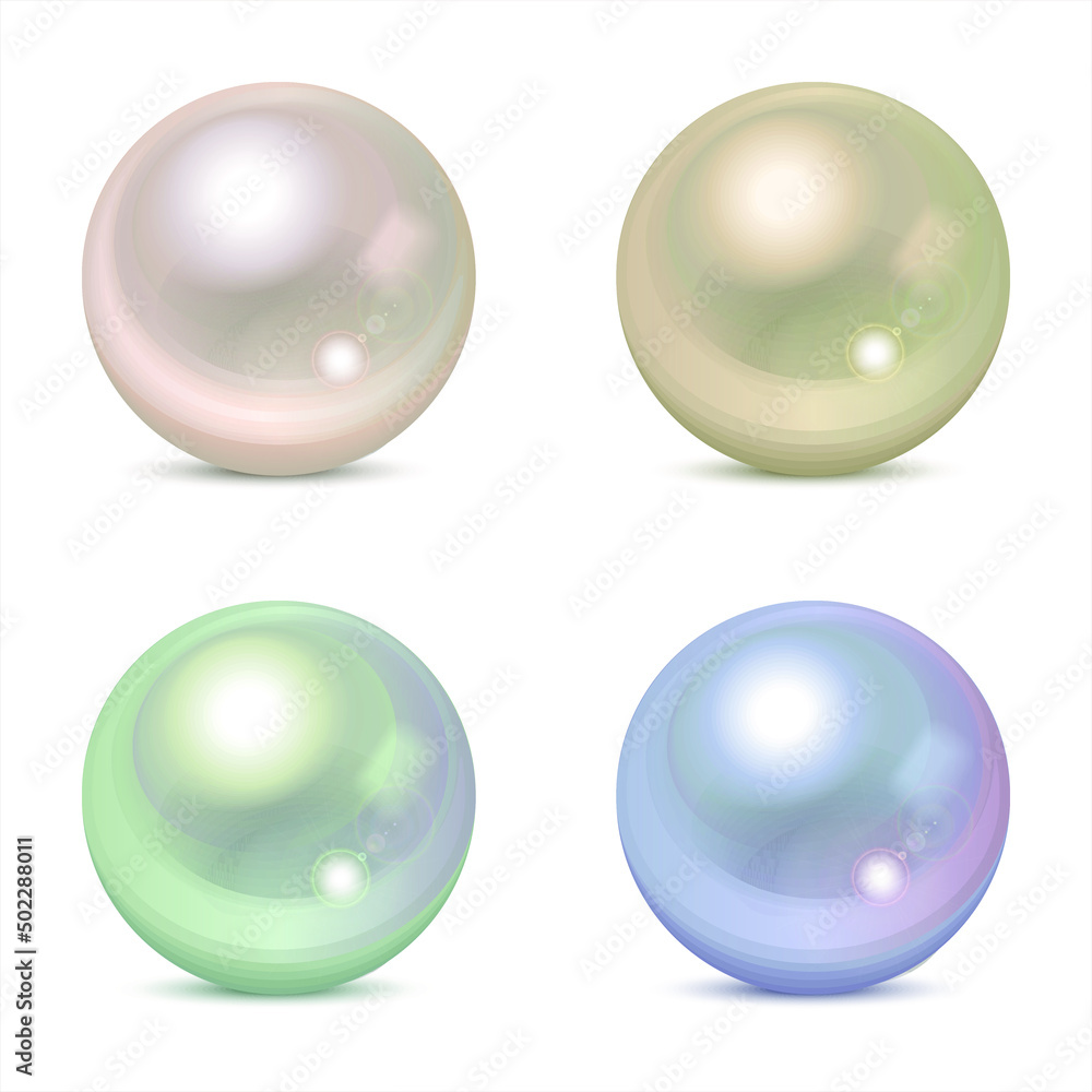Set of four vector iridescent realistic pearls of different color with shadow isolated on the white background. 3d nacre balls. Festive design element. Set of four vector iridescent realistic pearls of different color with shadow isolated on the white background. 3d nacre balls. Festive design element.
