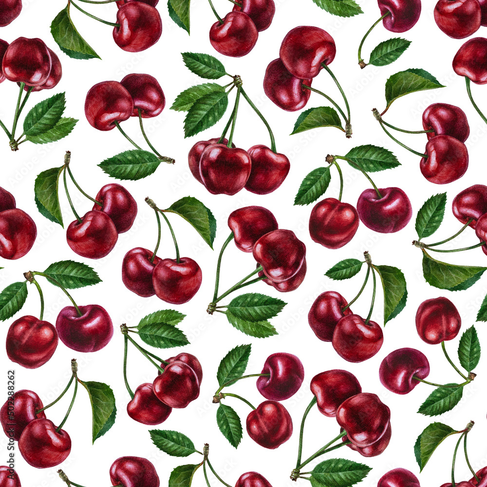 Watercolor cherry branch seamless pattern, Summer fruits background, hand-drawn spring cherry wallpaper Watercolor cherry branch seamless pattern, Summer fruits background, hand-drawn spring cherry wallpaper