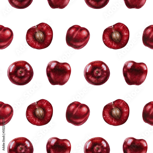 Watercolor cherry branch seamless pattern, Summer fruits background, hand-drawn spring cherry  wallpaper
